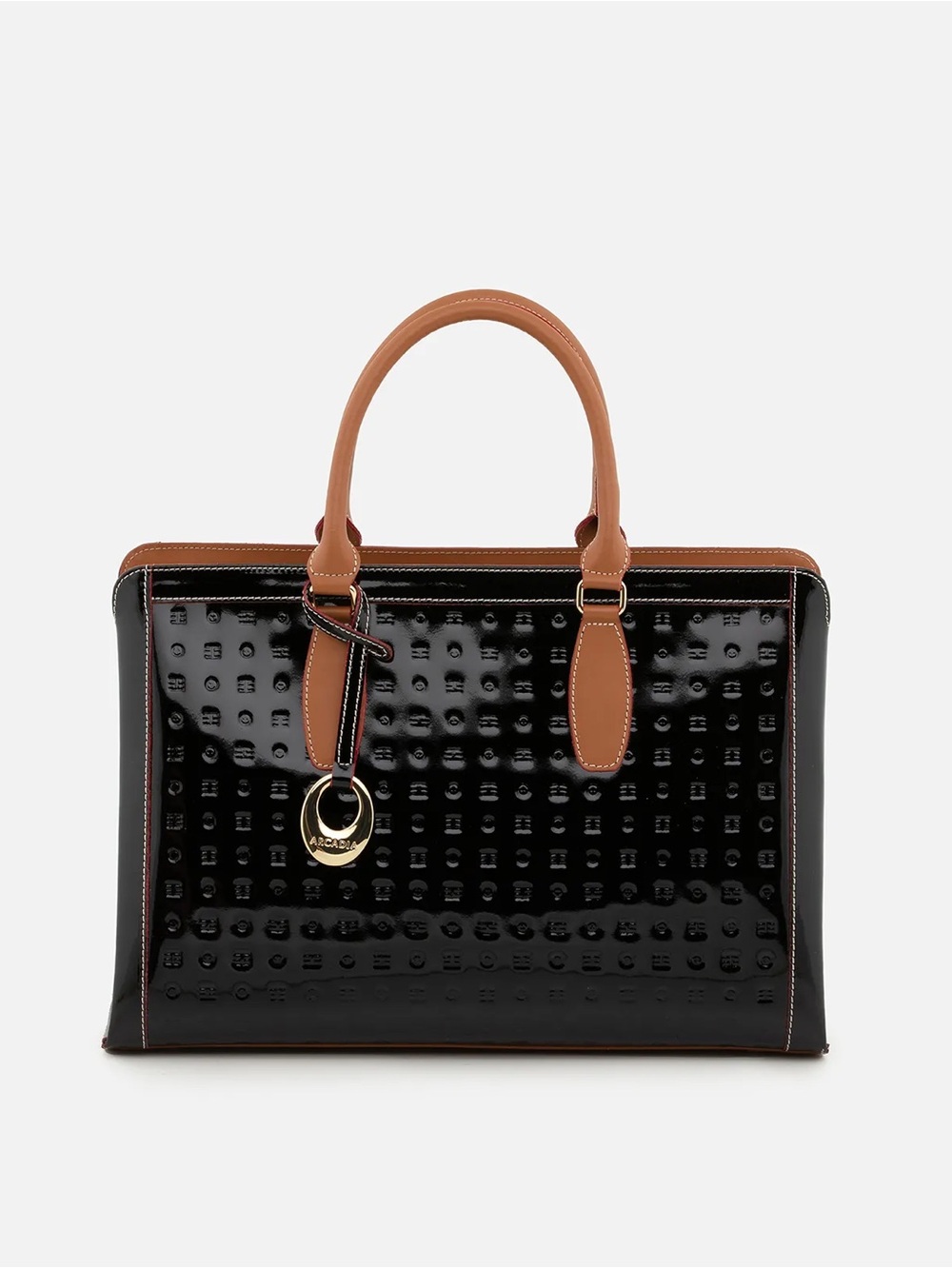 Arcadia Black Patent Large Top Satchel Totewith Tan Leather Handles